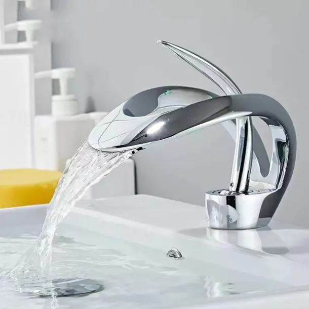 Waterfall Bathroom Sink Faucet, Centerset Curved Single Handle One Hole Bath Taps with Hot and Cold Water Switch, Ceramic Valve Insides