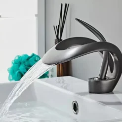 Waterfall Bathroom Sink Faucet, Centerset Curved Single Handle One Hole Bath Taps with Hot and Cold Water Switch, Ceramic Valve Insides