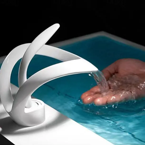 Waterfall Bathroom Sink Faucet, Centerset Curved Single Handle One Hole Bath Taps with Hot and Cold Water Switch, Ceramic Valve Insides