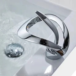 Waterfall Bathroom Sink Faucet, Centerset Curved Single Handle One Hole Bath Taps with Hot and Cold Water Switch, Ceramic Valve Insides