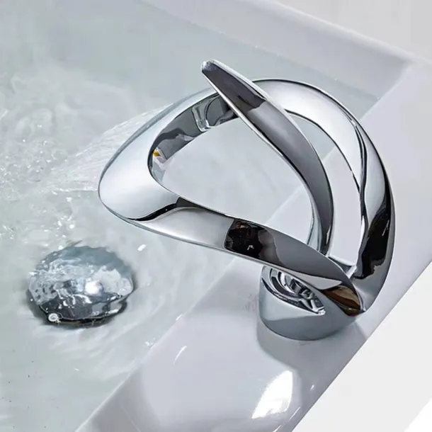Waterfall Bathroom Sink Faucet, Centerset Curved Single Handle One Hole Bath Taps with Hot and Cold Water Switch, Ceramic Valve Insides