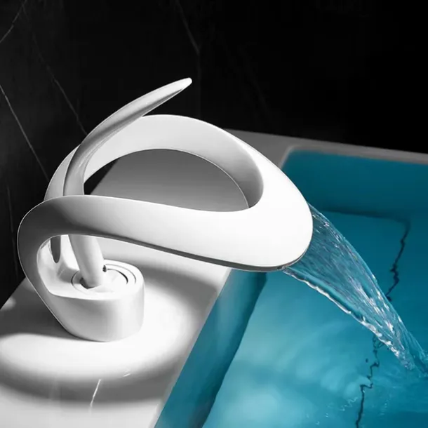 Waterfall Bathroom Sink Faucet, Centerset Curved Single Handle One Hole Bath Taps with Hot and Cold Water Switch, Ceramic Valve Insides