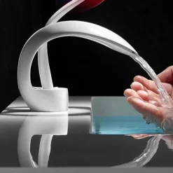 Waterfall Bathroom Sink Faucet, Centerset Curved Single Handle One Hole Bath Taps with Hot and Cold Water Switch, Ceramic Valve Insides