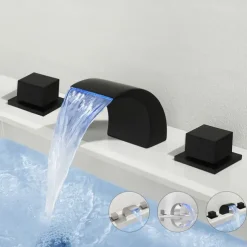 Waterfall Bathroom Sink Faucet LED Light Deck Mounted Brass, Widespread 2 Handle 3 Hole Bath Vessel Taps with Hot and Cold Water Hose