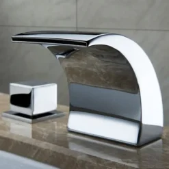 Waterfall Bathroom Sink Faucet LED Light Deck Mounted Brass, Widespread 2 Handle 3 Hole Bath Vessel Taps with Hot and Cold Water Hose