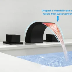 Waterfall Bathroom Sink Faucet LED Light Deck Mounted Brass, Widespread 2 Handle 3 Hole Bath Vessel Taps with Hot and Cold Water Hose