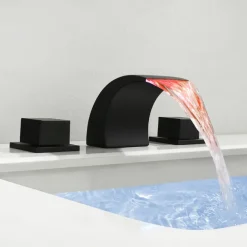 Waterfall Bathroom Sink Faucet LED Light Deck Mounted Brass, Widespread 2 Handle 3 Hole Bath Vessel Taps with Hot and Cold Water Hose