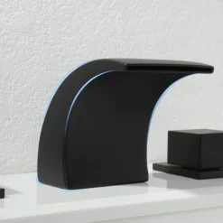 Waterfall Bathroom Sink Faucet LED Light Deck Mounted Brass, Widespread 2 Handle 3 Hole Bath Vessel Taps with Hot and Cold Water Hose