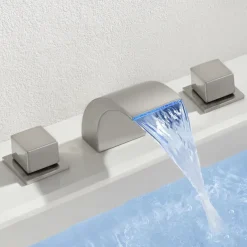 Waterfall Bathroom Sink Faucet LED Light Deck Mounted Brass, Widespread 2 Handle 3 Hole Bath Vessel Taps with Hot and Cold Water Hose