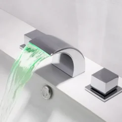 Waterfall Bathroom Sink Faucet LED Light Deck Mounted Brass, Widespread 2 Handle 3 Hole Bath Vessel Taps with Hot and Cold Water Hose