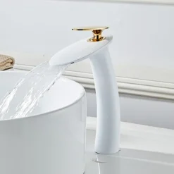 Waterfall Bathroom Sink Faucet with Supply Hose,Single Handle Single Hole Vessel Lavatory Faucet,Slanted Body Basin Mixer Tap Tall Body Commercial