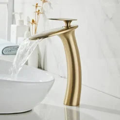 Waterfall Bathroom Sink Faucet with Supply Hose,Single Handle Single Hole Vessel Lavatory Faucet,Slanted Body Basin Mixer Tap Tall Body Commercial