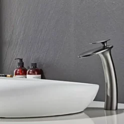 Waterfall Bathroom Sink Faucet with Supply Hose,Single Handle Single Hole Vessel Lavatory Faucet,Slanted Body Basin Mixer Tap Tall Body Commercial