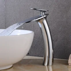 Waterfall Bathroom Sink Faucet with Supply Hose,Single Handle Single Hole Vessel Lavatory Faucet,Slanted Body Basin Mixer Tap Tall Body Commercial