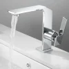 Waterfall Bathroom Sink Mixer Faucet Brass, Single Handle Basin Taps One Hole Faucets with Hot and Cold Hose, Waterfall Spout Brass Bath Tap Chrome Black Gold Grey