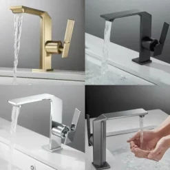 Waterfall Bathroom Sink Mixer Faucet Brass, Single Handle Basin Taps One Hole Faucets with Hot and Cold Hose, Waterfall Spout Brass Bath Tap Chrome Black Gold Grey