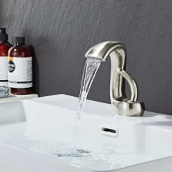 Waterfall Bathroom Sink Mixer Faucet Deck Mount, Mono Wash Basin Single Handle Basin Taps Washroom with Hot and Cold Hose, Monobloc Vessel Water Brass Tap Black White Chrome Brushed