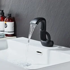 Waterfall Bathroom Sink Mixer Faucet Deck Mount, Mono Wash Basin Single Handle Basin Taps Washroom with Hot and Cold Hose, Monobloc Vessel Water Brass Tap Black White Chrome Brushed