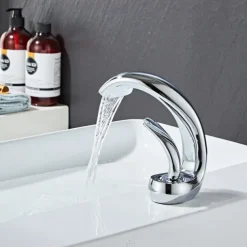 Waterfall Bathroom Sink Mixer Faucet Deck Mount, Mono Wash Basin Single Handle Basin Taps Washroom with Hot and Cold Hose, Monobloc Vessel Water Brass Tap Black White Chrome Brushed