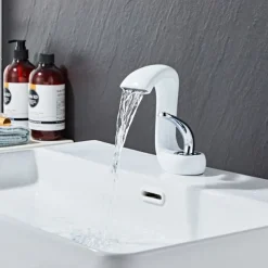 Waterfall Bathroom Sink Mixer Faucet Deck Mount, Mono Wash Basin Single Handle Basin Taps Washroom with Hot and Cold Hose, Monobloc Vessel Water Brass Tap Black White Chrome Brushed