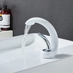 Waterfall Bathroom Sink Mixer Faucet Deck Mount, Mono Wash Basin Single Handle Basin Taps Washroom with Hot and Cold Hose, Monobloc Vessel Water Brass Tap Black White Chrome Brushed