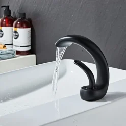 Waterfall Bathroom Sink Mixer Faucet Deck Mount, Mono Wash Basin Single Handle Basin Taps Washroom with Hot and Cold Hose, Monobloc Vessel Water Brass Tap Black White Chrome Brushed