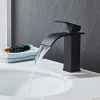 Waterfall Bathroom Sink Mixer Faucet, Washroom Mono Basin Taps Single Handle Deck Mounted Chrome Black Brushed, with Cold and Hot Hose Monobloc Water Tap