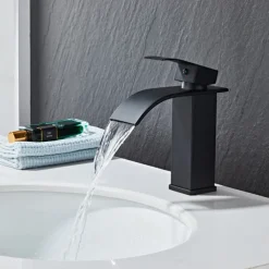 Waterfall Bathroom Sink Mixer Faucet, Washroom Mono Basin Taps Single Handle Deck Mounted Chrome Black Brushed, with Cold and Hot Hose Monobloc Water Tap