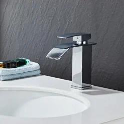 Waterfall Bathroom Sink Mixer Faucet, Washroom Mono Basin Taps Single Handle Deck Mounted Chrome Black Brushed, with Cold and Hot Hose Monobloc Water Tap