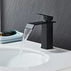 Waterfall Bathroom Sink Mixer Faucet, Washroom Mono Basin Taps Single Handle Deck Mounted Chrome Black Brushed, with Cold and Hot Hose Monobloc Water Tap