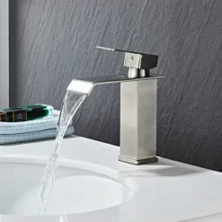 Waterfall Bathroom Sink Mixer Faucet, Washroom Mono Basin Taps Single Handle Deck Mounted Chrome Black Brushed, with Cold and Hot Hose Monobloc Water Tap