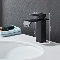 Waterfall Bathroom Sink Mixer Faucet, Washroom Mono Basin Taps Single Handle Deck Mounted Chrome Black Brushed, with Cold and Hot Hose Monobloc Water Tap