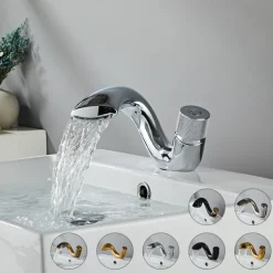 Waterfall Bathroom Sink Mixer Faucet, Mono Wash Basin Single Handle Basin Taps, Monobloc Vessel Water Brass Tap Deck Mounted with Hot and Cold Hose