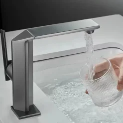 Waterfall Bathroom Sink Mixer Faucet Brass, Single Handle Washroom Basin Taps One Hole Faucets with Hot and Cold Hose, Waterfall Spout Brass Bathroom Tap Chrome Black Gold Grey