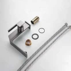 Waterfall Bathroom Sink Mixer Faucet Brass, Single Handle Washroom Basin Taps One Hole Faucets with Hot and Cold Hose, Waterfall Spout Brass Bathroom Tap Chrome Black Gold Grey