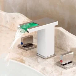Waterfall Bathroom Sink Mixer Faucet LED Light Deck Mounted Brass, Widespread 2 Handle 3 Hole Washroom Basin Vessel Taps with Hot and Cold Water Hose