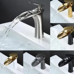 Waterfall Bathroom Sink Mixer Faucet, Mono Wash Basin Single Handle Basin Taps with Hot and Cold Hose Monobloc Vessel Water Brass Tap Deck Mounted