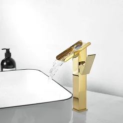 Waterfall Bathroom Sink Mixer Faucet Tall, Basin Taps Single Handle Deck Mounted with Cold and Hot Hose