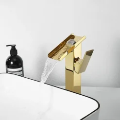 Waterfall Bathroom Sink Mixer Faucet Tall, Basin Taps Single Handle Deck Mounted with Cold and Hot Hose