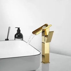 Waterfall Bathroom Sink Mixer Faucet Tall, Basin Taps Single Handle Deck Mounted with Cold and Hot Hose