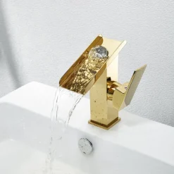 Waterfall Bathroom Sink Mixer Faucet Tall, Basin Taps Single Handle Deck Mounted with Cold and Hot Hose