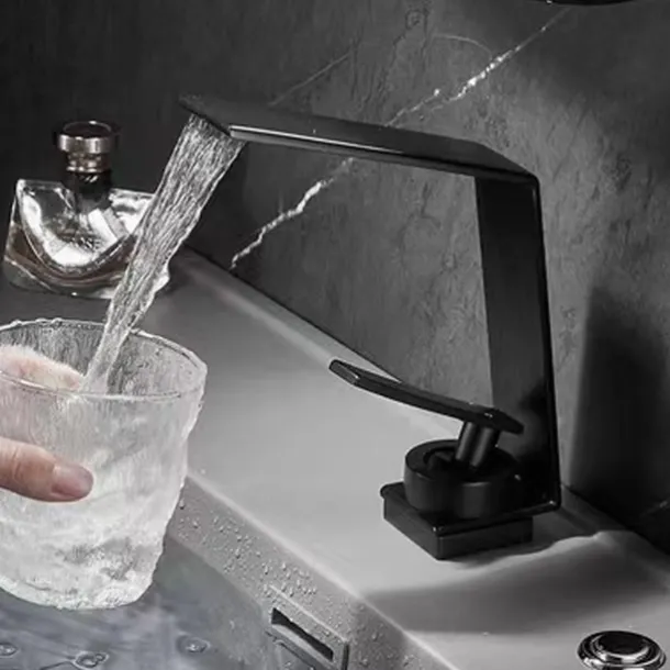 Waterfall Bathroom Sink Mixer Faucet, Basin Taps Mono Wash Basin Single Handle Washroom Tap with Hot and Cold Hose, Monobloc Vessel Water Brass Tap Deck Mounted