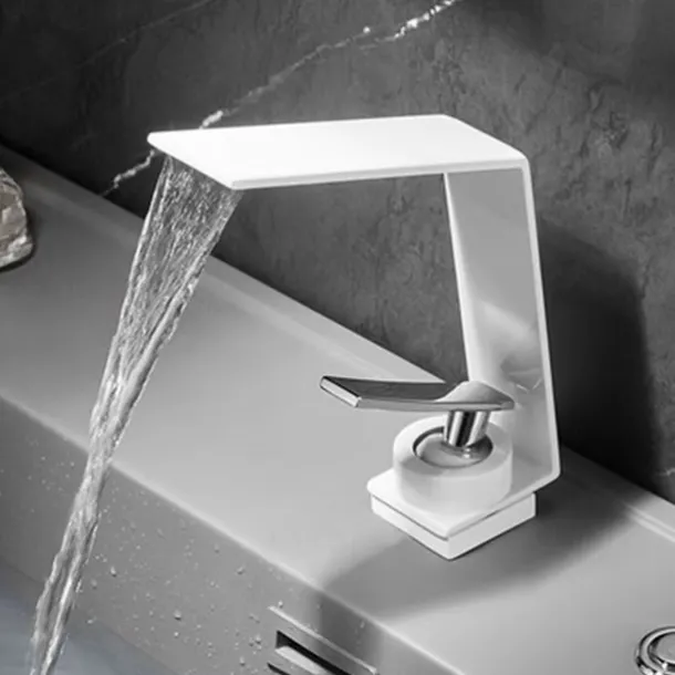 Waterfall Bathroom Sink Mixer Faucet, Basin Taps Mono Wash Basin Single Handle Washroom Tap with Hot and Cold Hose, Monobloc Vessel Water Brass Tap Deck Mounted