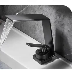Waterfall Bathroom Sink Mixer Faucet, Basin Taps Mono Wash Basin Single Handle Washroom Tap with Hot and Cold Hose, Monobloc Vessel Water Brass Tap Deck Mounted