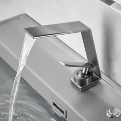 Waterfall Bathroom Sink Mixer Faucet, Basin Taps Mono Wash Basin Single Handle Washroom Tap with Hot and Cold Hose, Monobloc Vessel Water Brass Tap Deck Mounted