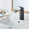 Waterfall Bathroom Sink Mixer Faucet Tall Short, Mono Wash Basin Single Handle Basin Taps, Washroom with Hot and Cold Hose Monobloc Vessel Water Brass Tap Deck Mounted Golden Black