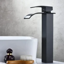 Waterfall Bathroom Sink Mixer Faucet Tall Short, Mono Wash Basin Single Handle Basin Taps, Washroom with Hot and Cold Hose Monobloc Vessel Water Brass Tap Deck Mounted Golden Black