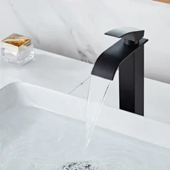 Waterfall Bathroom Sink Mixer Faucet Tall Short, Mono Wash Basin Single Handle Basin Taps, Washroom with Hot and Cold Hose Monobloc Vessel Water Brass Tap Deck Mounted Golden Black