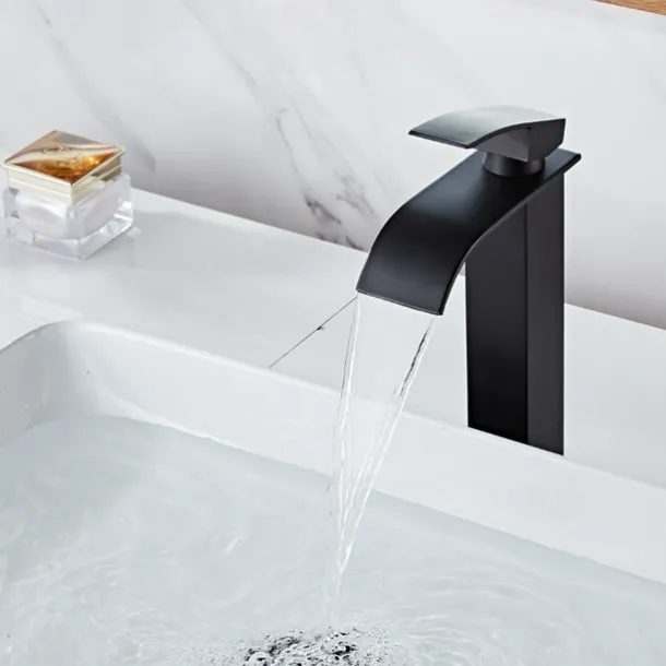 Waterfall Bathroom Sink Mixer Faucet Tall Short, Mono Wash Basin Single Handle Basin Taps, Washroom with Hot and Cold Hose Monobloc Vessel Water Brass Tap Deck Mounted Golden Black