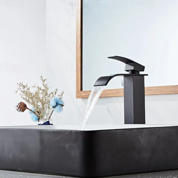 Waterfall Bathroom Sink Mixer Faucet Tall Short, Mono Wash Basin Single Handle Basin Taps, Washroom with Hot and Cold Hose Monobloc Vessel Water Brass Tap Deck Mounted Golden Black